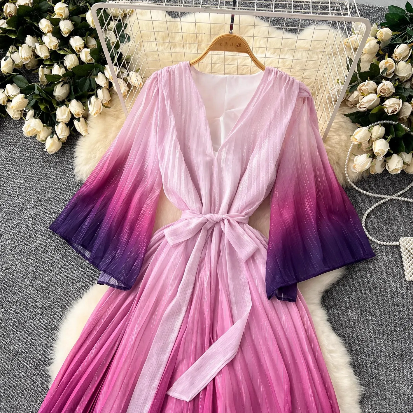 Summer Luxury Gradient Color  Lace Up Bright Silk Chiffon Dress