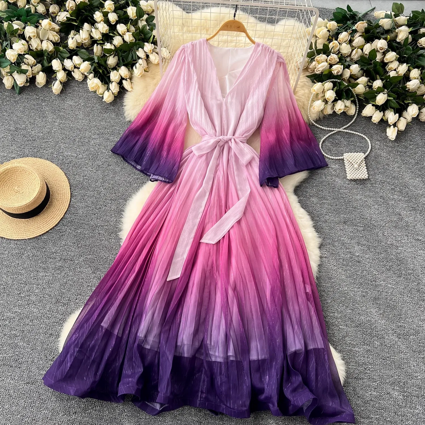 Summer Luxury Gradient Color  Lace Up Bright Silk Chiffon Dress
