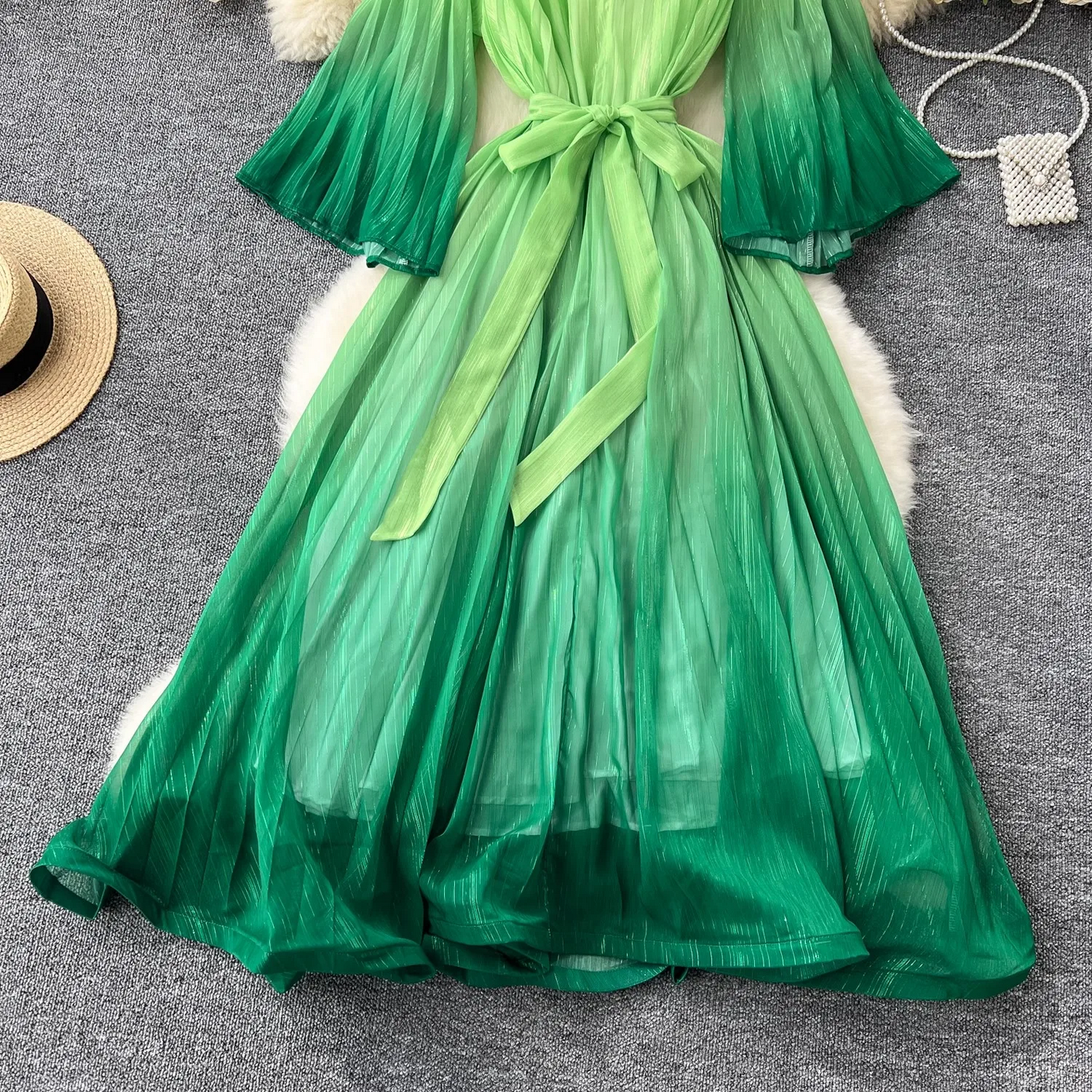 Summer Luxury Gradient Color  Lace Up Bright Silk Chiffon Dress