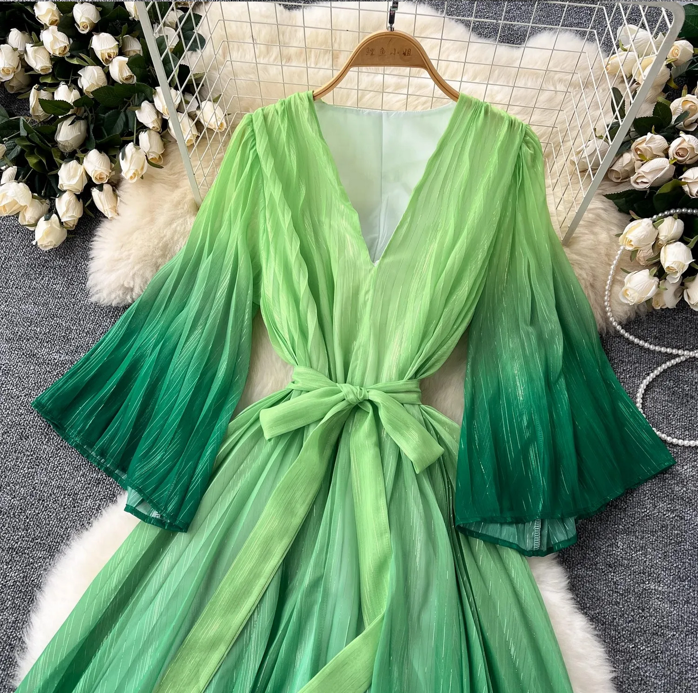 Summer Luxury Gradient Color  Lace Up Bright Silk Chiffon Dress