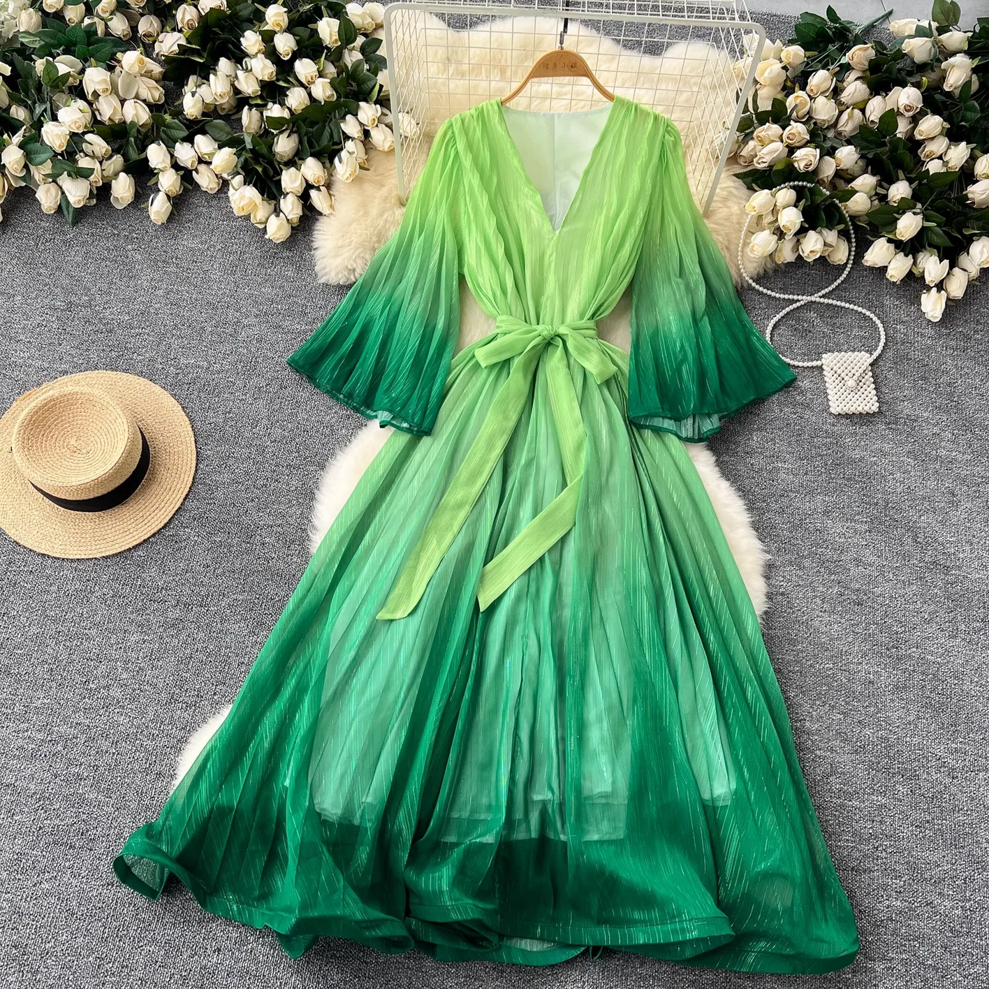 Summer Luxury Gradient Color  Lace Up Bright Silk Chiffon Dress