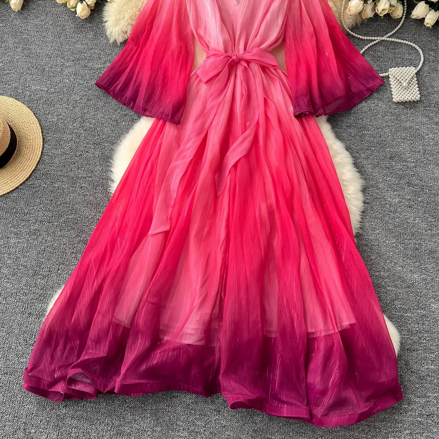 Summer Luxury Gradient Color  Lace Up Bright Silk Chiffon Dress