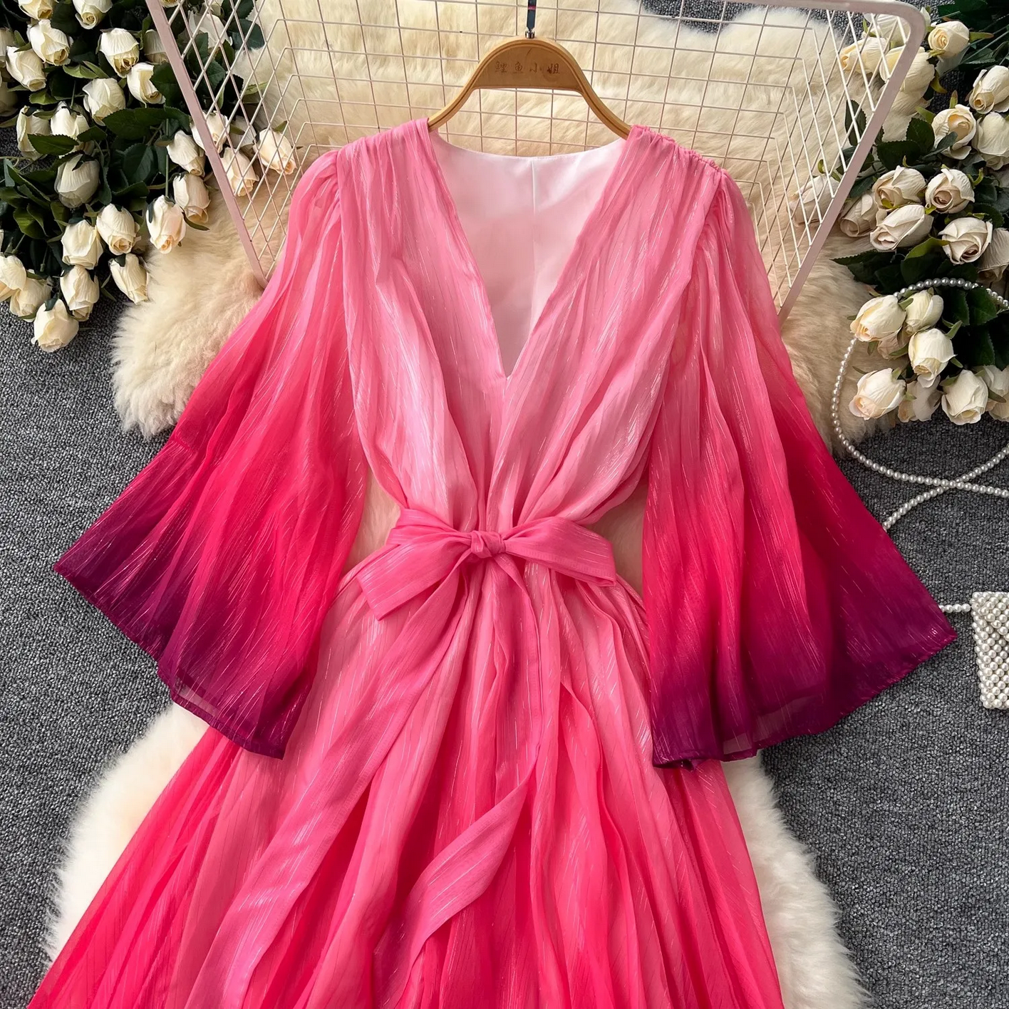Summer Luxury Gradient Color  Lace Up Bright Silk Chiffon Dress