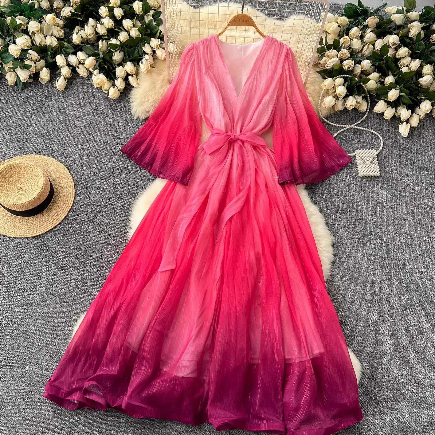 Summer Luxury Gradient Color  Lace Up Bright Silk Chiffon Dress