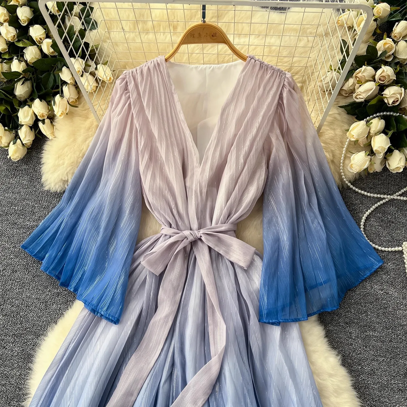 Summer Luxury Gradient Color  Lace Up Bright Silk Chiffon Dress