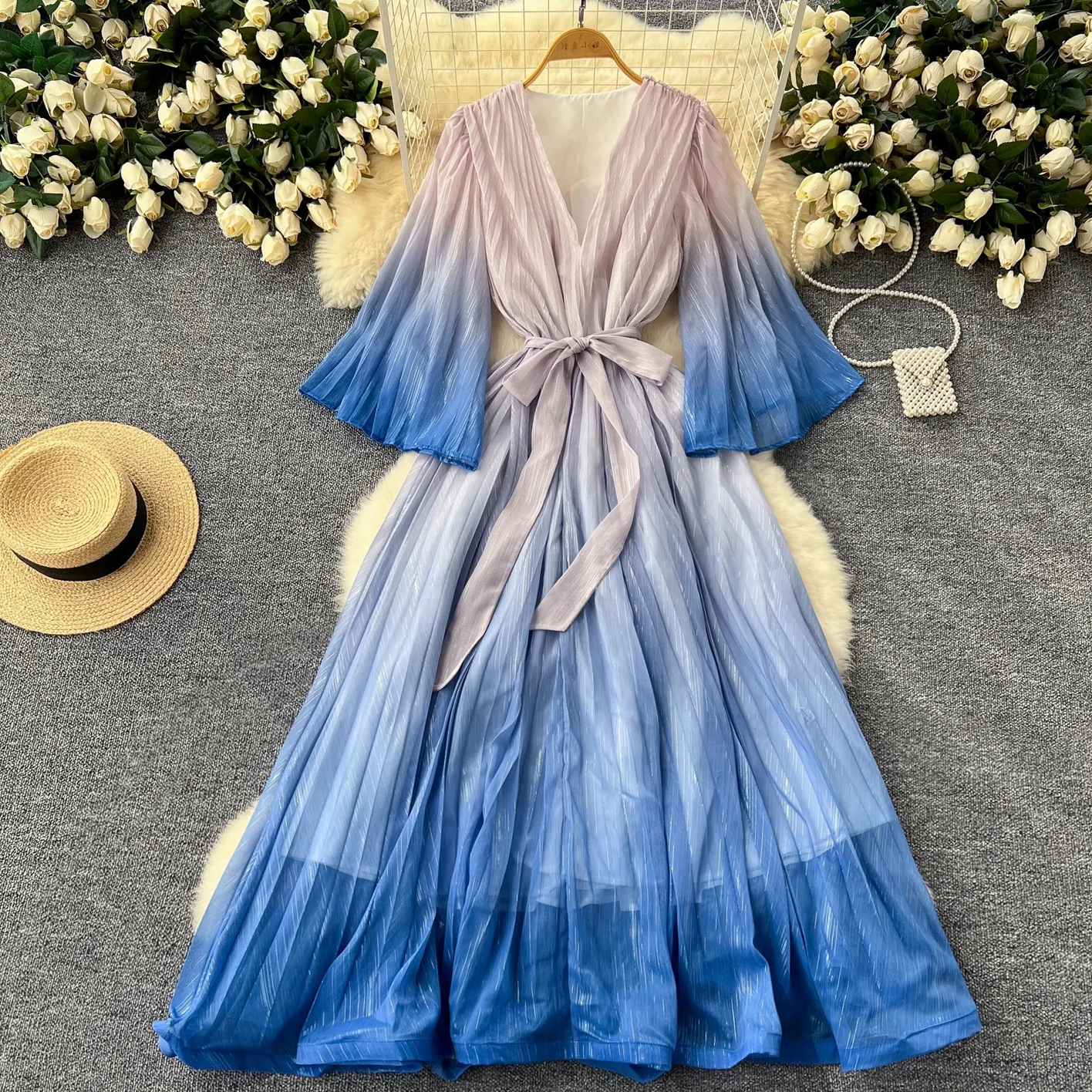 Summer Luxury Gradient Color  Lace Up Bright Silk Chiffon Dress