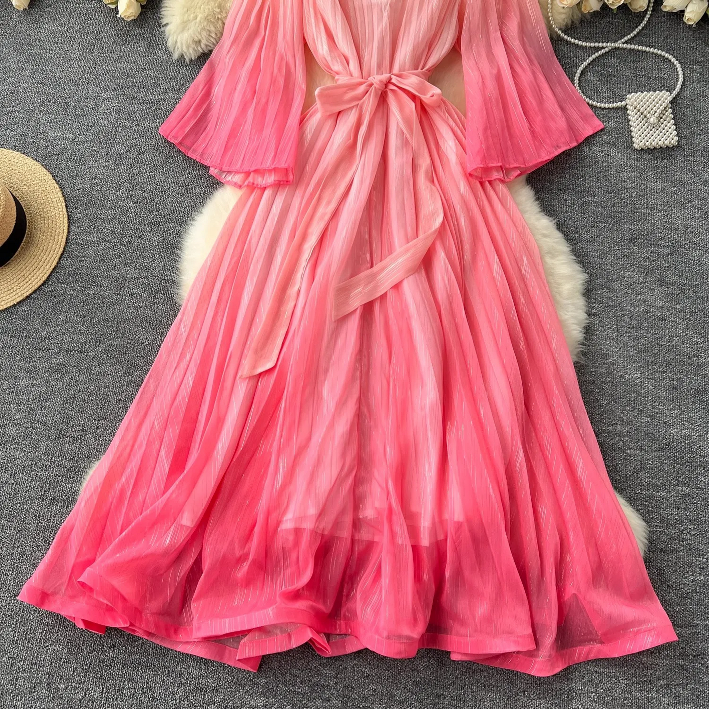 Summer Luxury Gradient Color  Lace Up Bright Silk Chiffon Dress