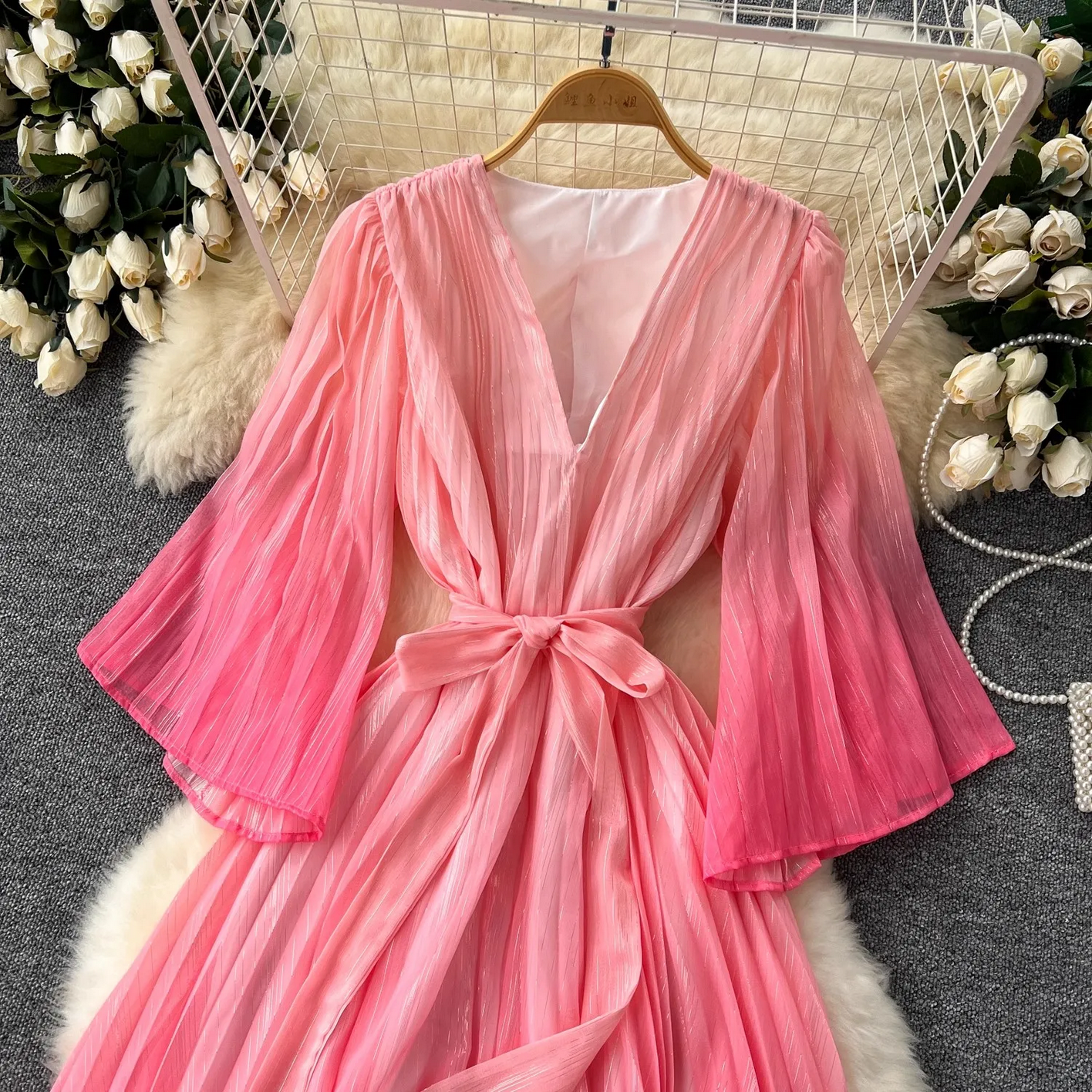 Summer Luxury Gradient Color  Lace Up Bright Silk Chiffon Dress