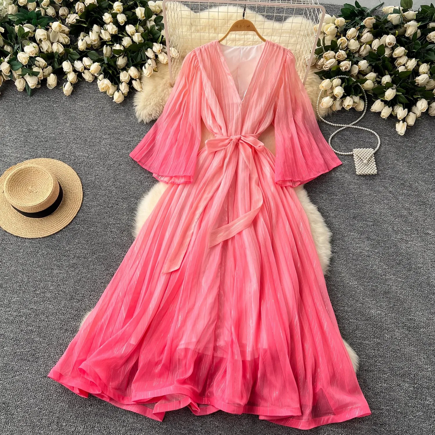 Summer Luxury Gradient Color  Lace Up Bright Silk Chiffon Dress