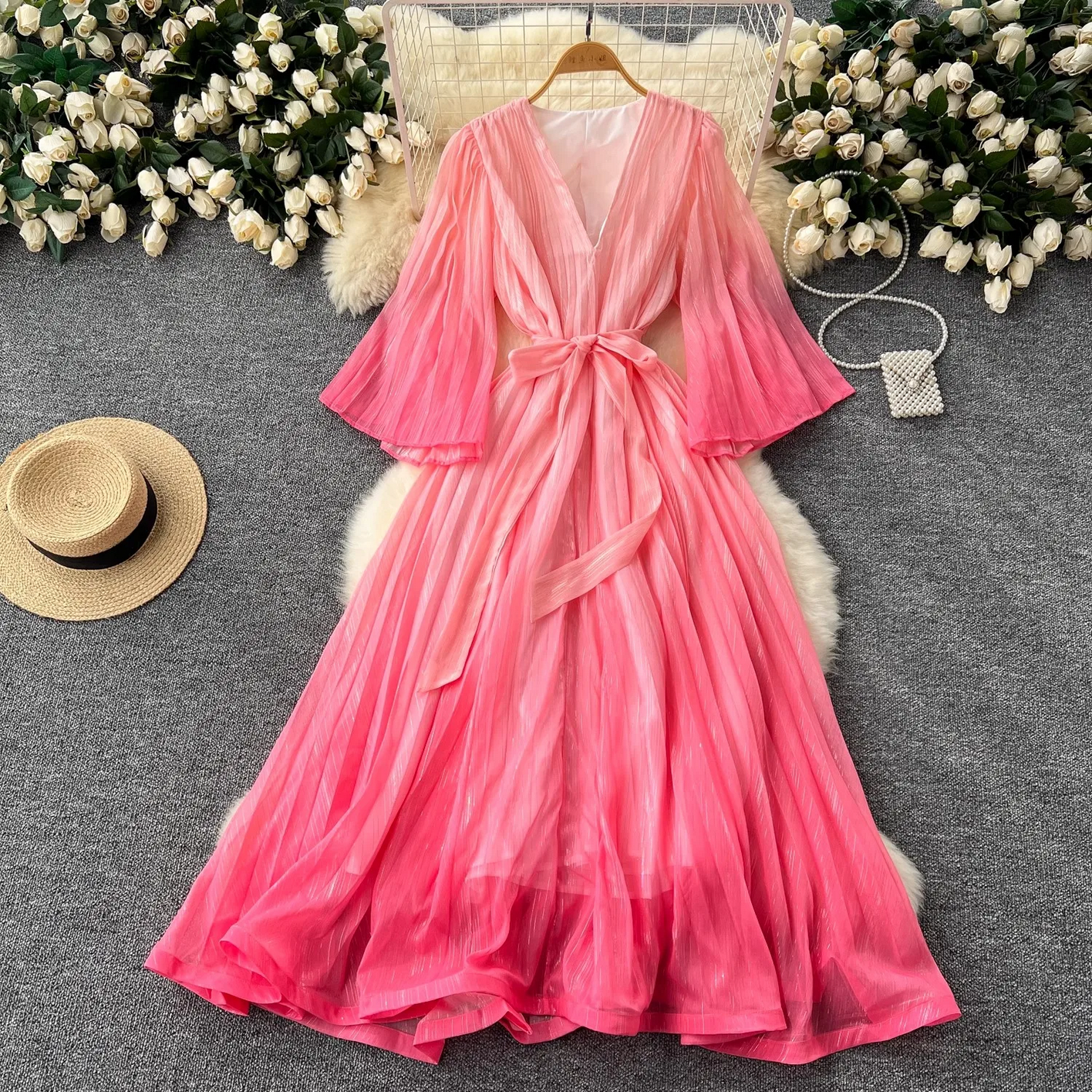 Summer Luxury Gradient Color  Lace Up Bright Silk Chiffon Dress