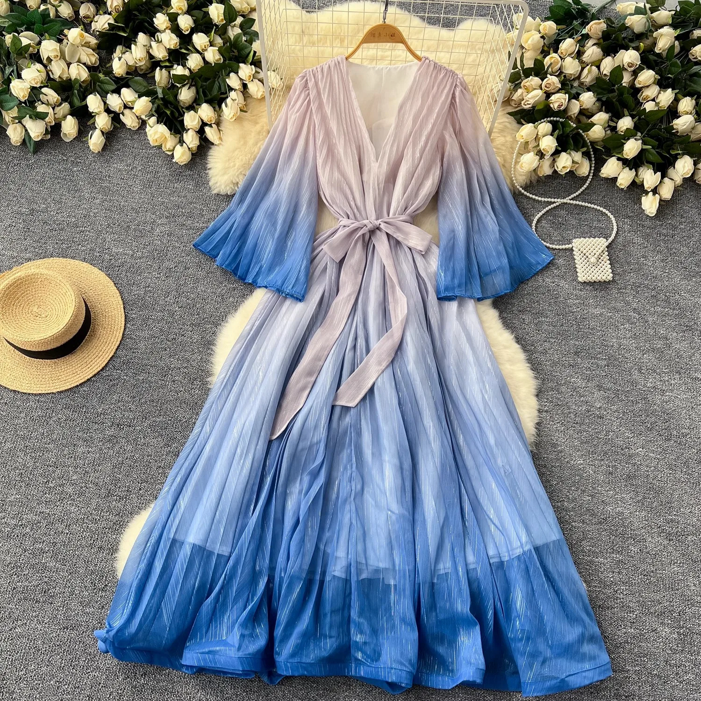 Summer Luxury Gradient Color  Lace Up Bright Silk Chiffon Dress