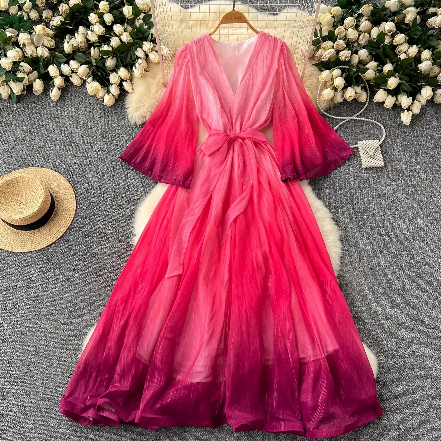 Summer Luxury Gradient Color  Lace Up Bright Silk Chiffon Dress
