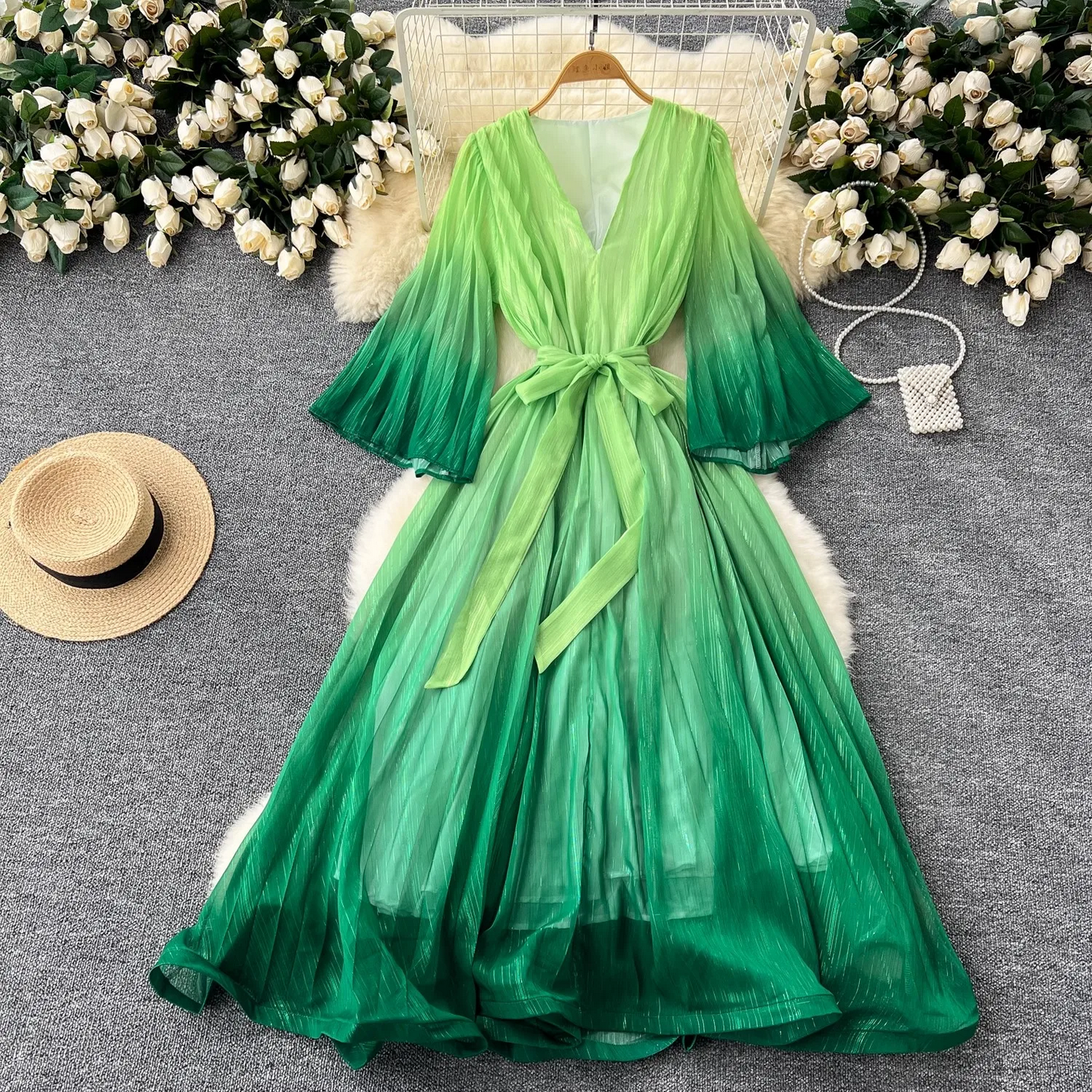 Summer Luxury Gradient Color  Lace Up Bright Silk Chiffon Dress