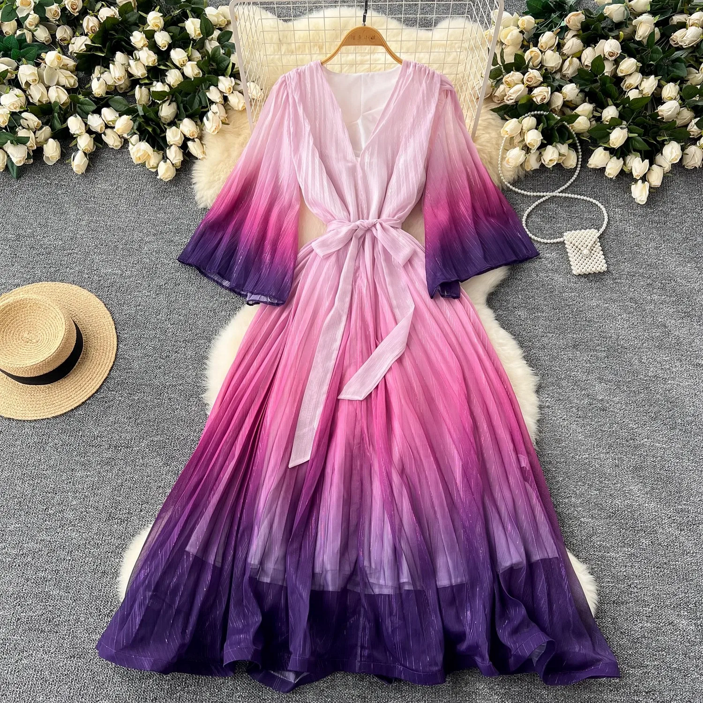 Summer Luxury Gradient Color  Lace Up Bright Silk Chiffon Dress