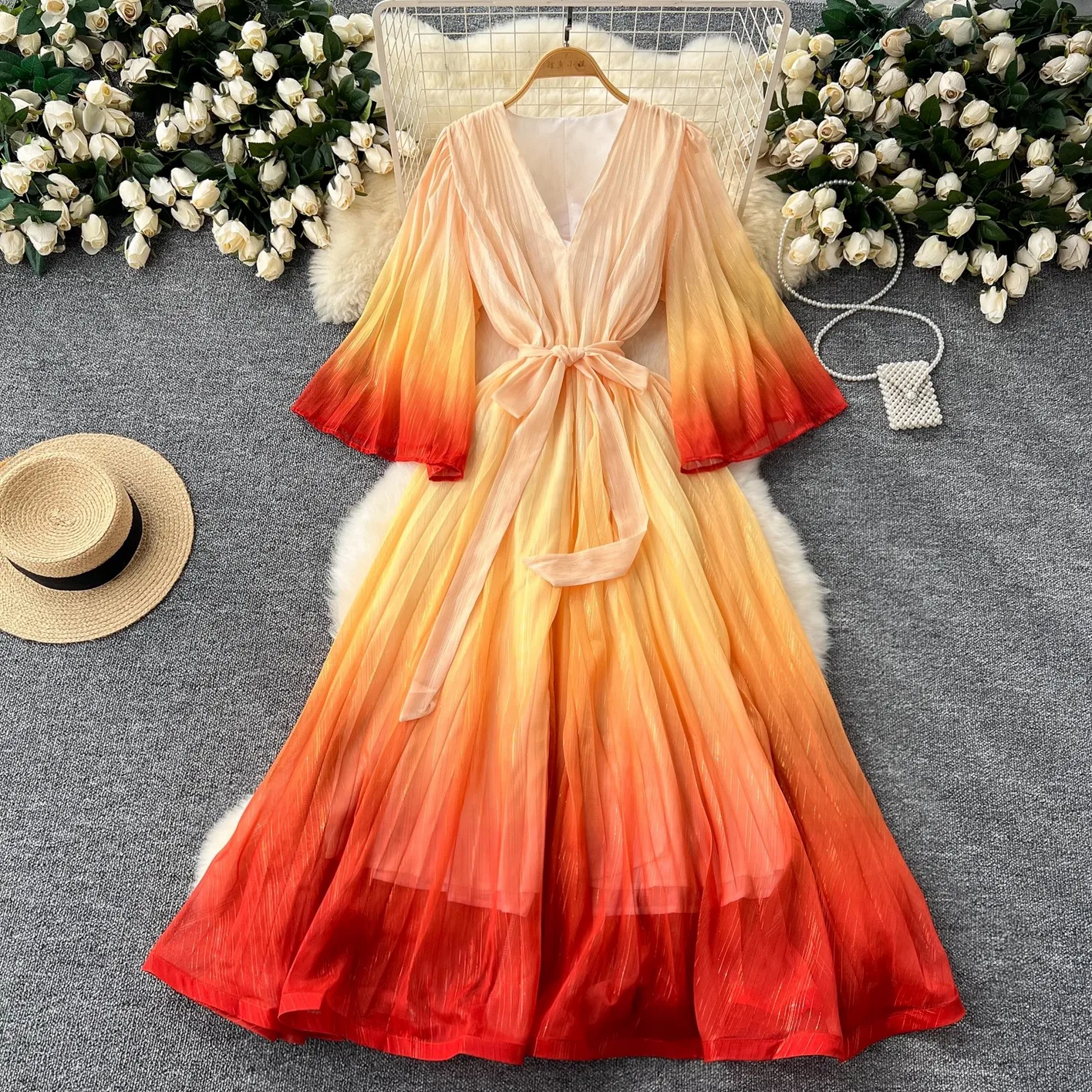 Summer Luxury Gradient Color  Lace Up Bright Silk Chiffon Dress