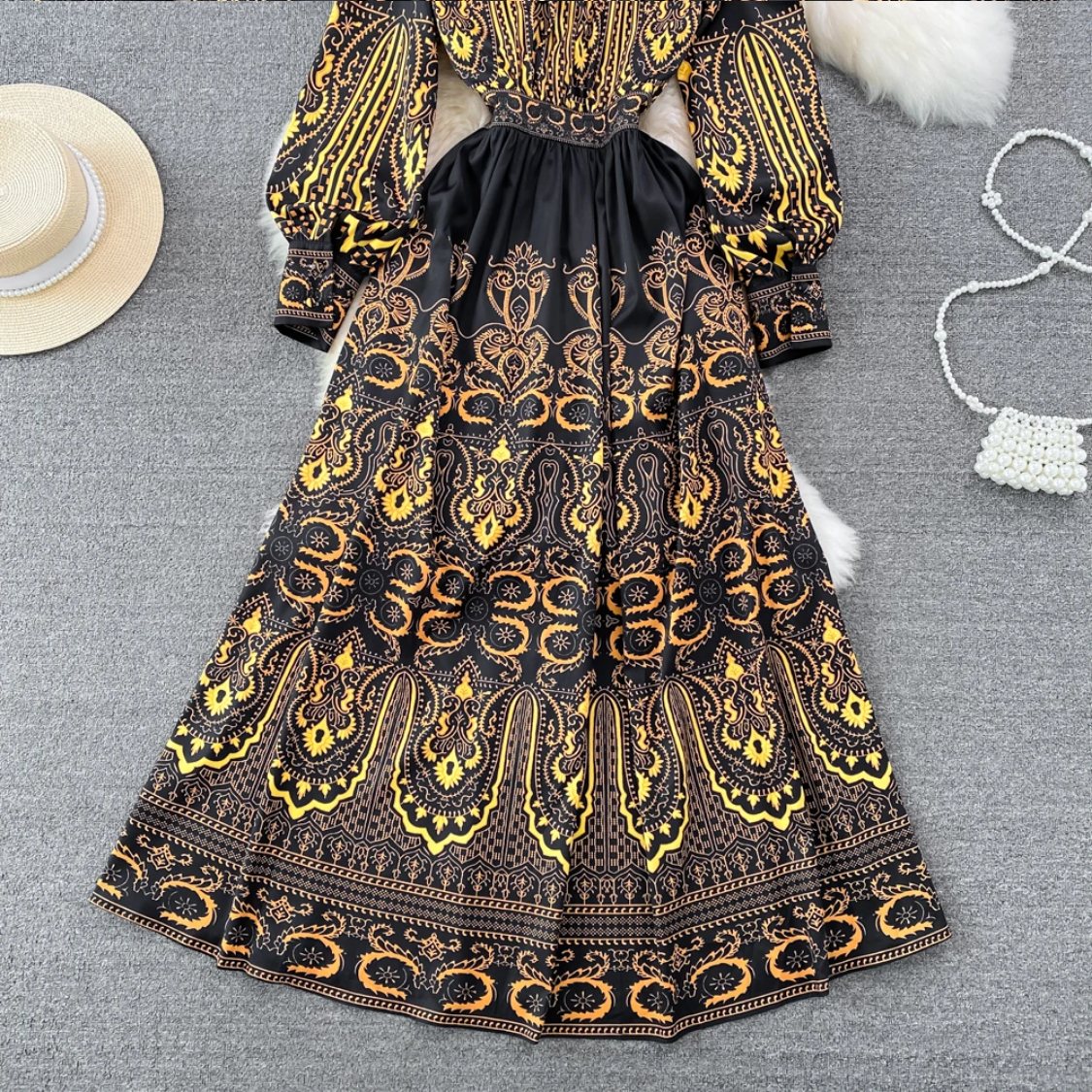 French Fashion Long Sleeve V-Neck Waist Wrapped A-line Baroque Print Dress