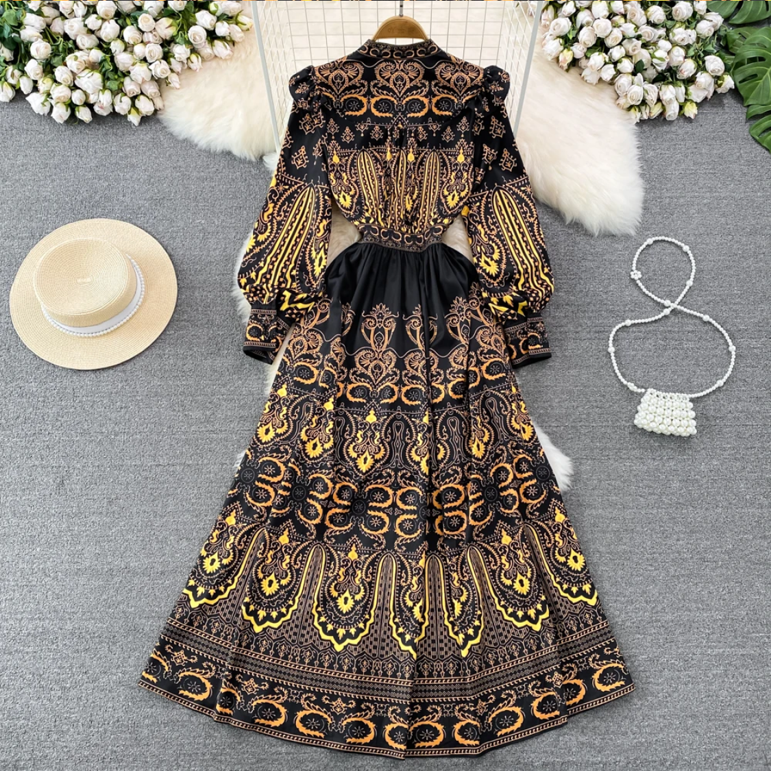 French Fashion Long Sleeve V-Neck Waist Wrapped A-line Baroque Print Dress