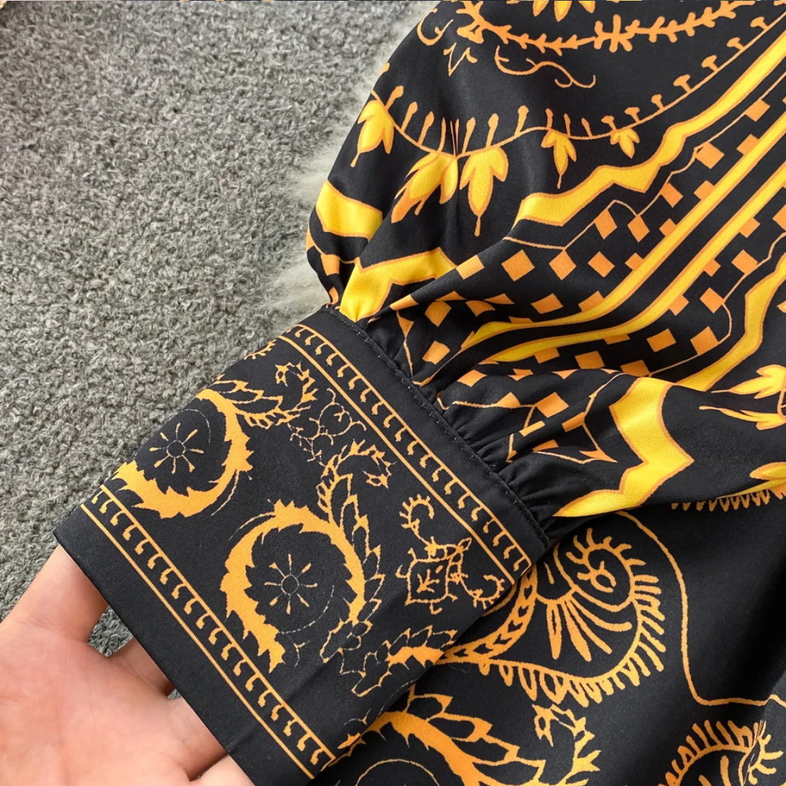 French Fashion Long Sleeve V-Neck Waist Wrapped A-line Baroque Print Dress