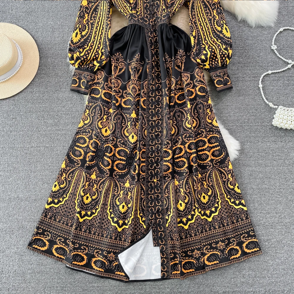 French Fashion Long Sleeve V-Neck Waist Wrapped A-line Baroque Print Dress