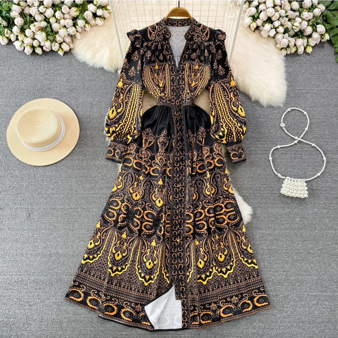French Fashion Long Sleeve V-Neck Waist Wrapped A-line Baroque Print Dress
