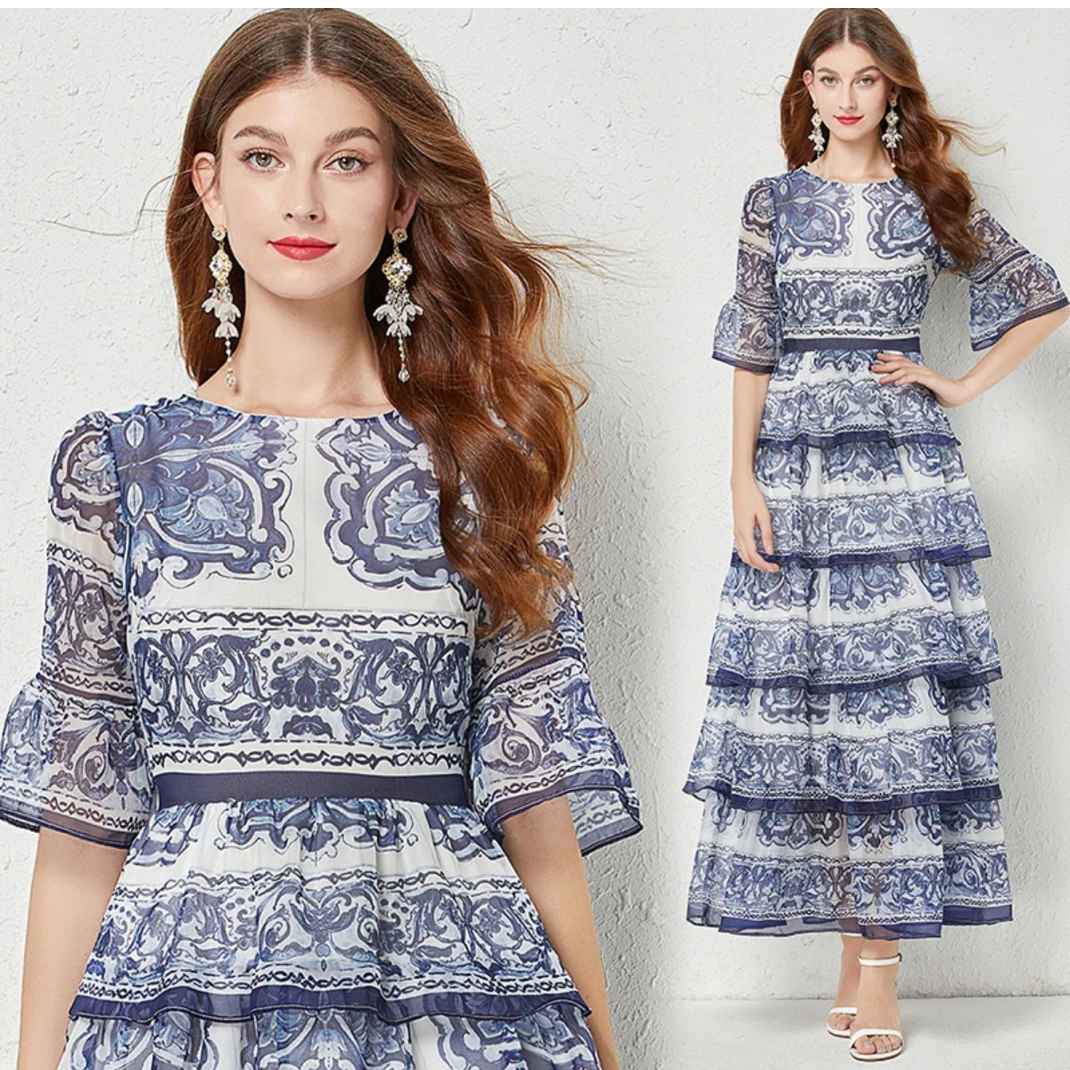 2023  Summer Gorgeous Blue And White Porcelain Printed Cascading Ruffles 5-Layers Cake Flare Sleeve Chiffon Maxi Dress