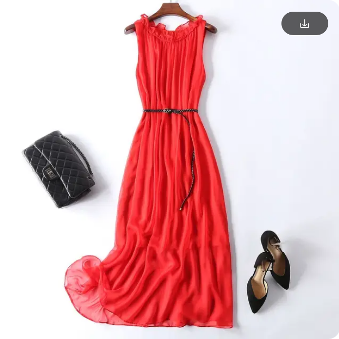 2024 Retro Hepburn Round Neck Spliced Folded  Mid Length Dress