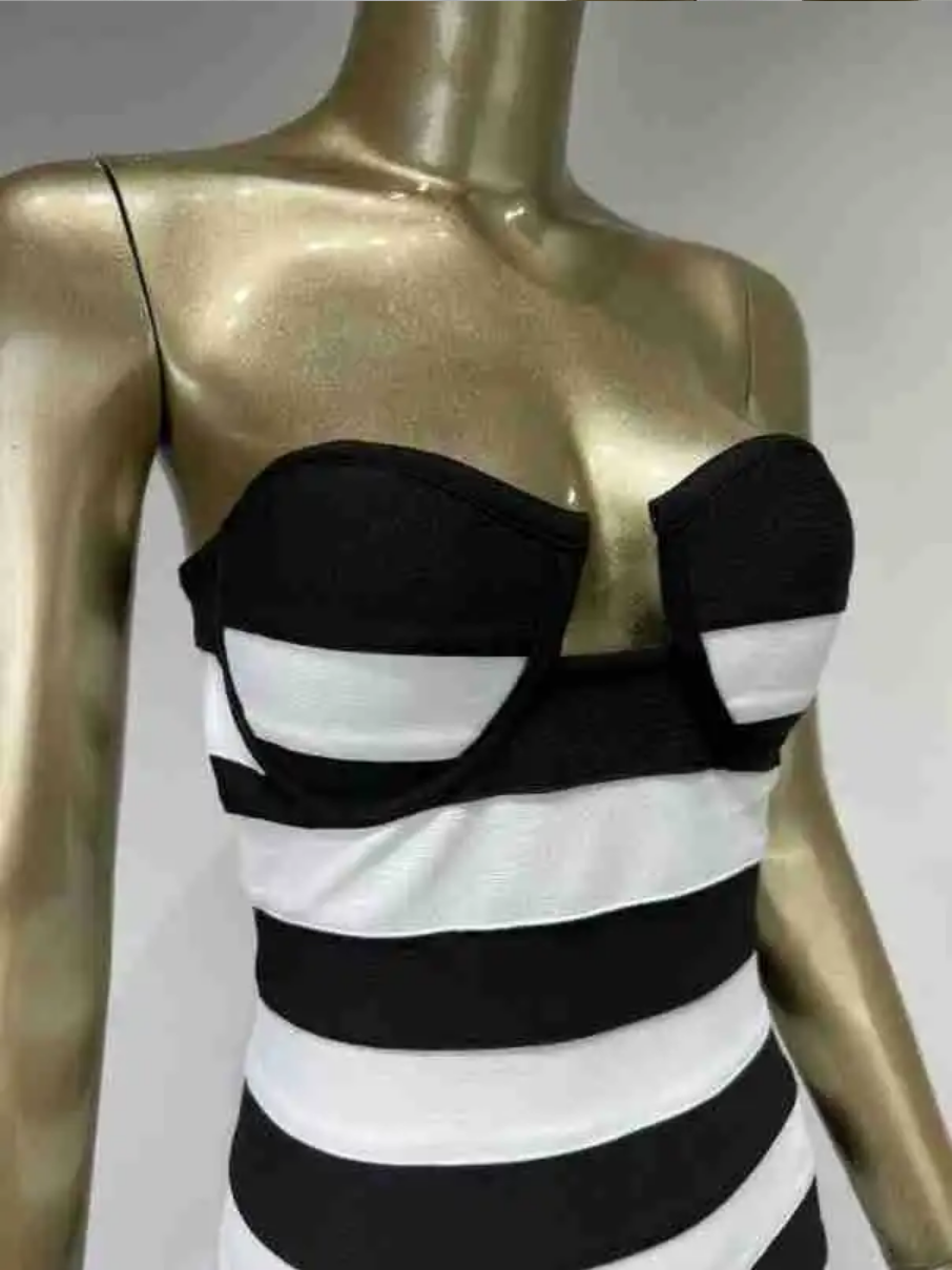 Summer Sexy Strapless Backless Striped Bodycon Mini Bandage Dress
