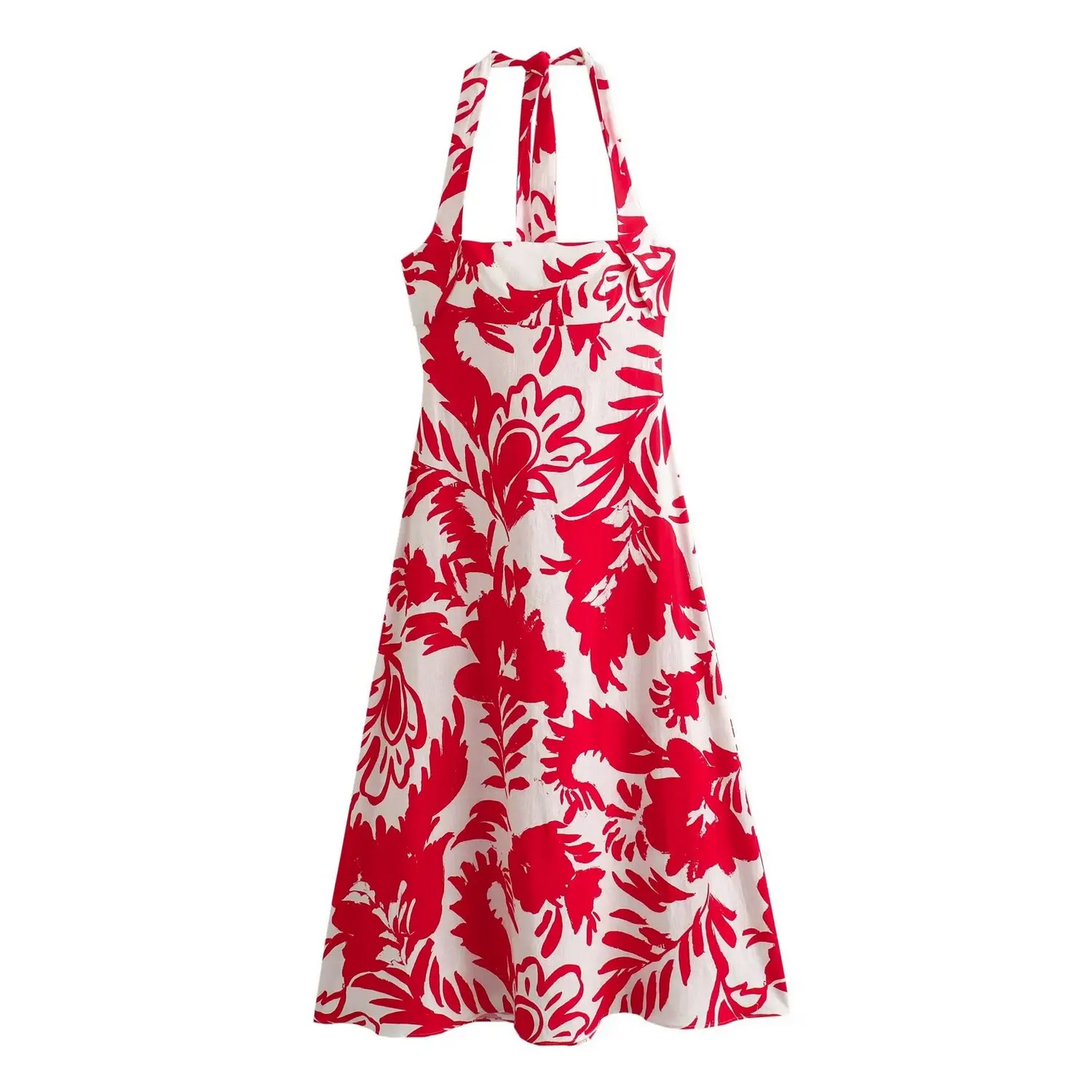2024 Elegant Slim Back Zipper Red Print Splicing Decorate Halter Neck Dress