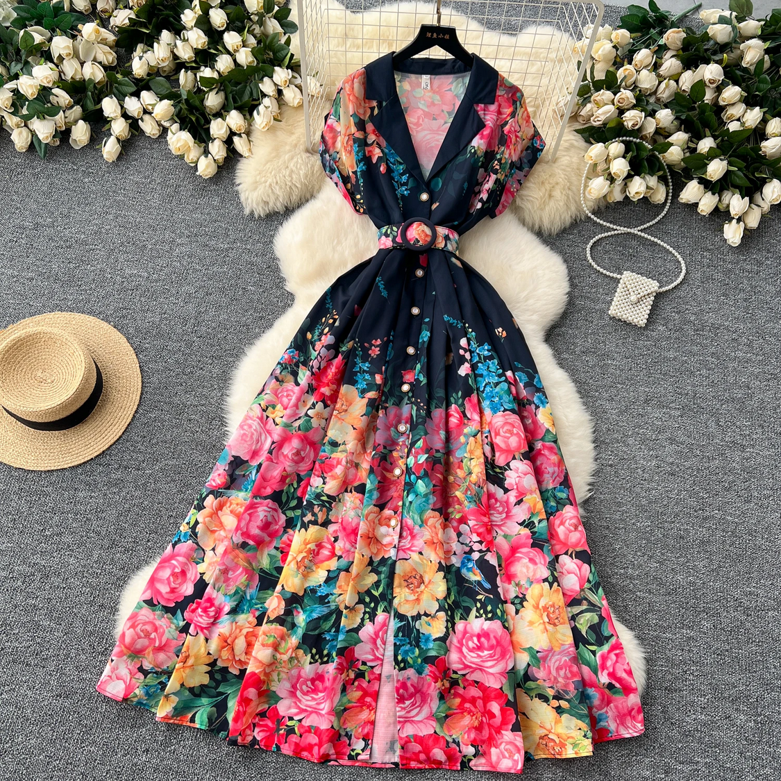 Retro Elegant Turn-down Collar A-line Casual High Waist Dress