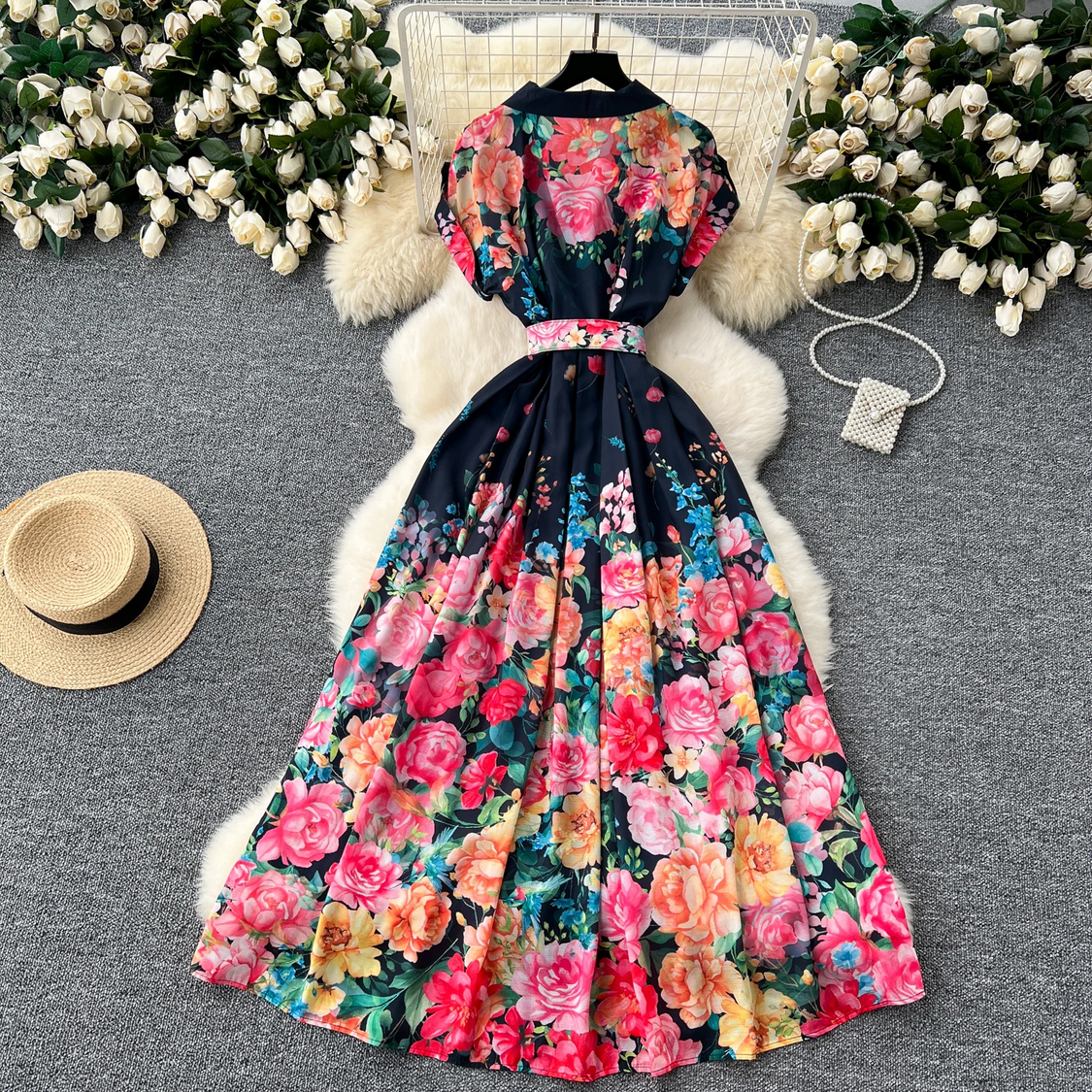 Retro Elegant Turn-down Collar A-line Casual High Waist Dress
