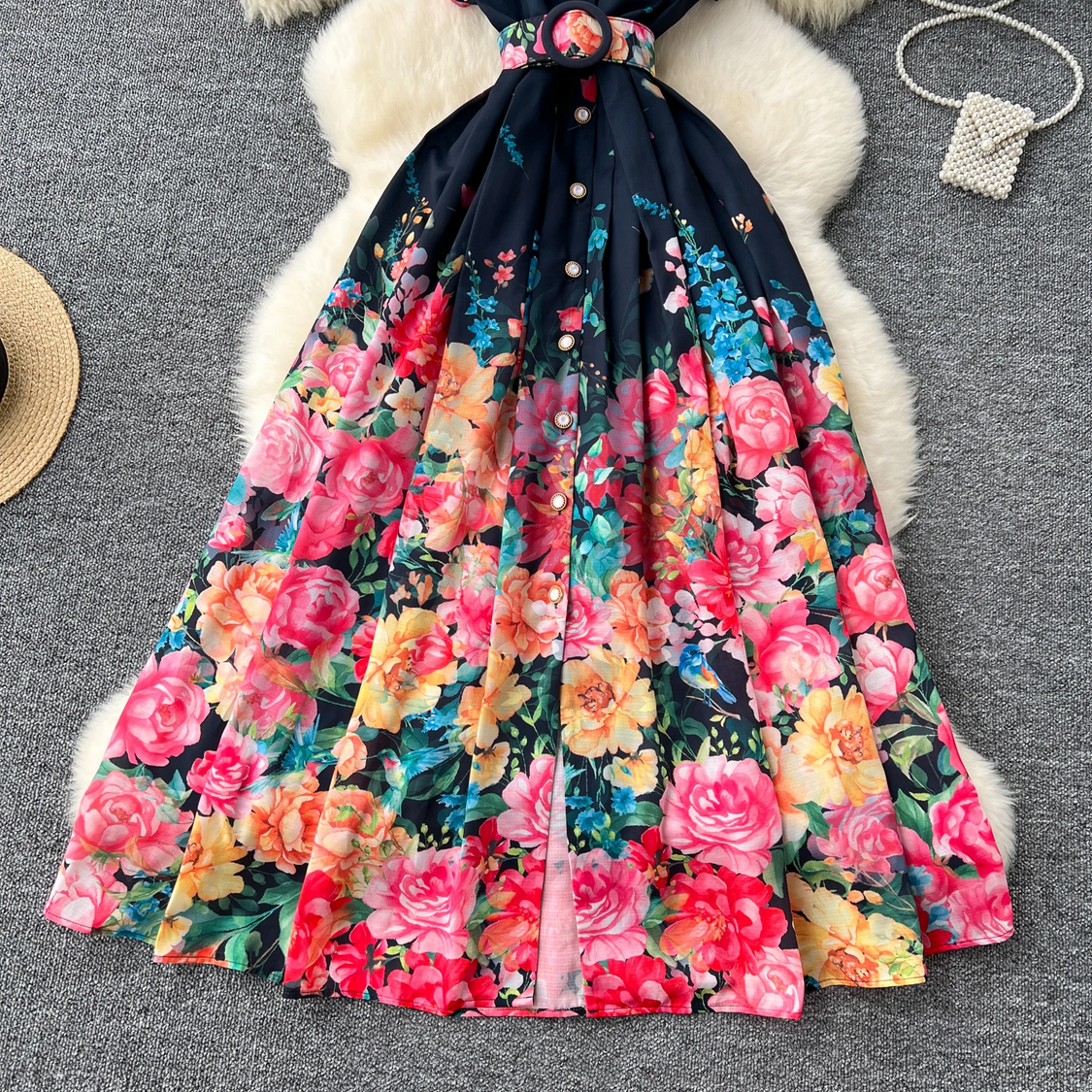 Retro Elegant Turn-down Collar A-line Casual High Waist Dress