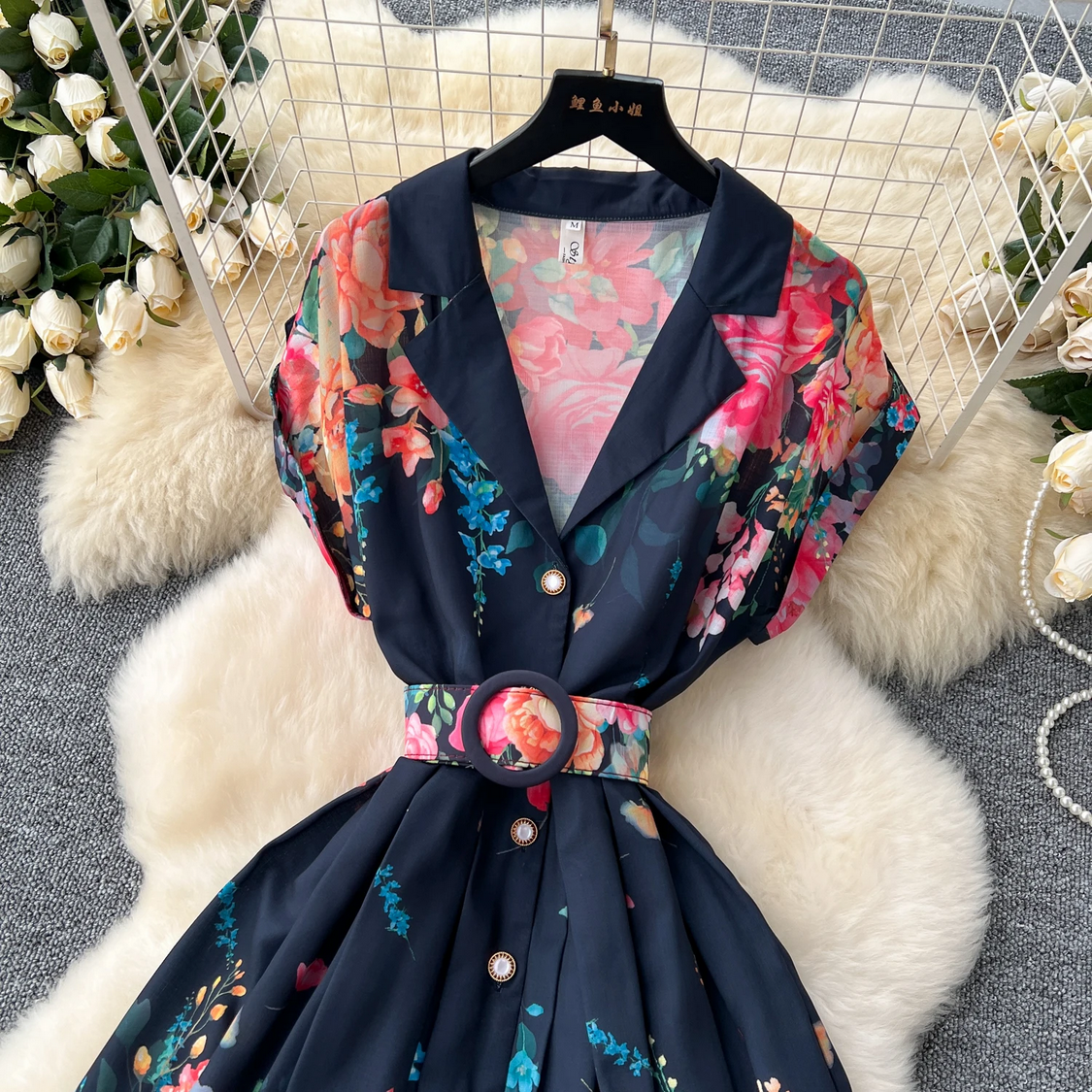 Retro Elegant Turn-down Collar A-line Casual High Waist Dress