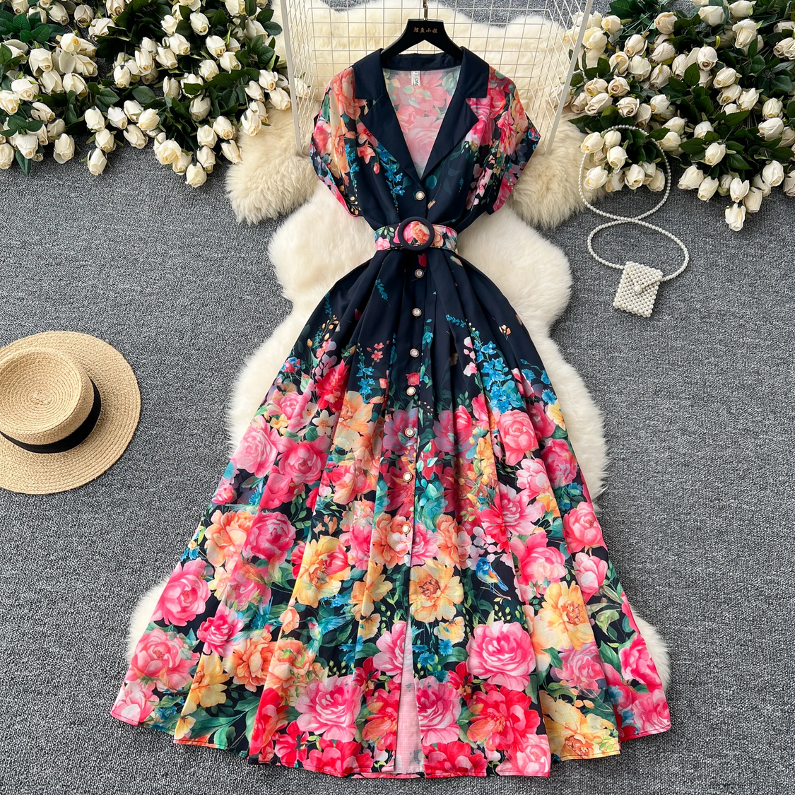 Retro Elegant Turn-down Collar A-line Casual High Waist Dress