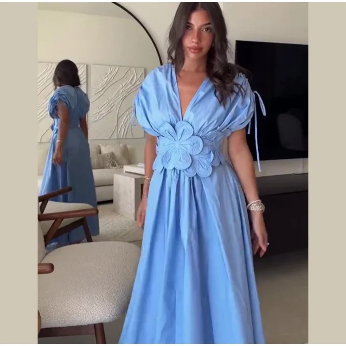 Summer Elegant 3d Flower Pleated V Neck Long Dresses
