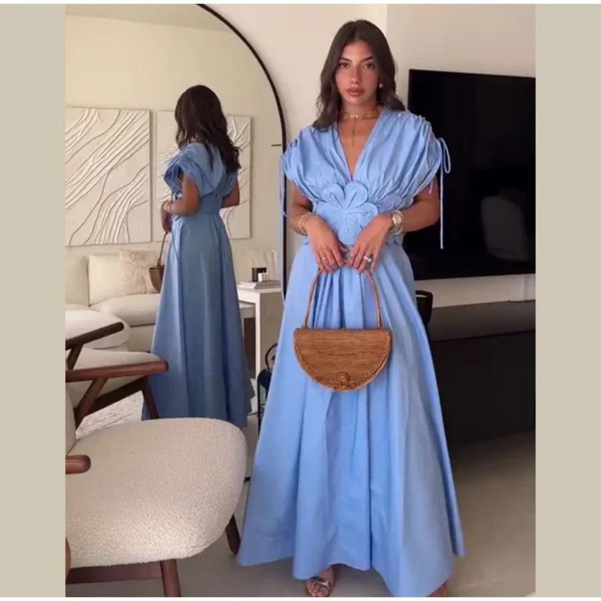 Summer Elegant 3d Flower Pleated V Neck Long Dresses