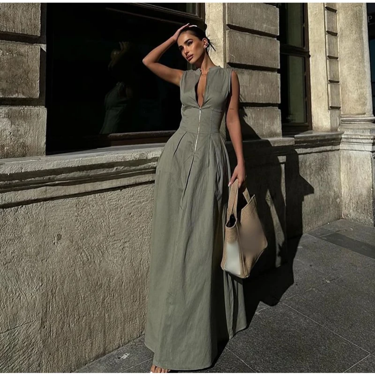 Summer Elegant Solid Sleeveless V-neck Zipper Maxi Dress