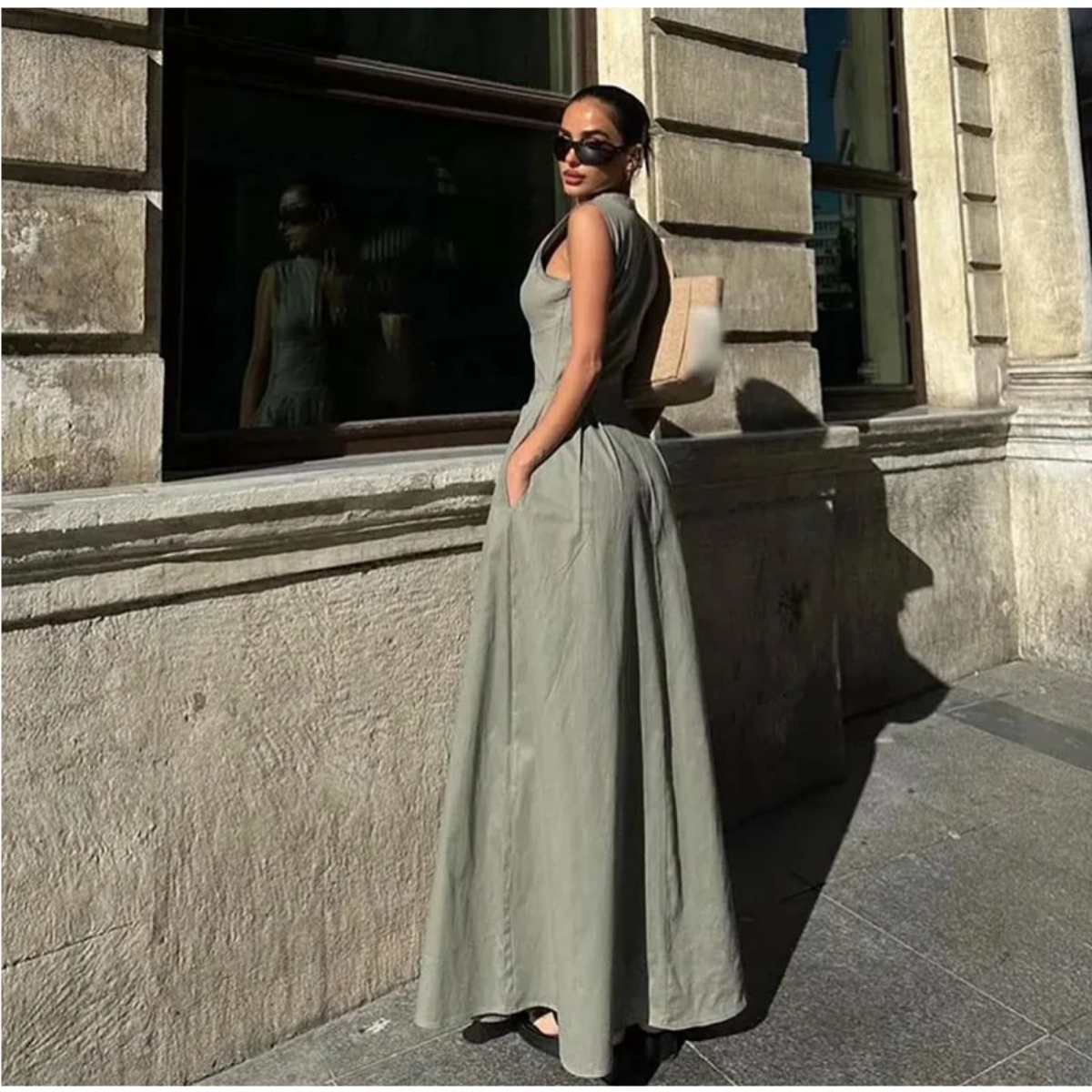 Summer Elegant Solid Sleeveless V-neck Zipper Maxi Dress