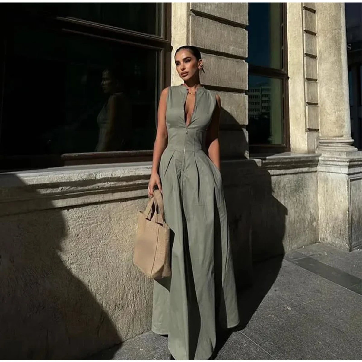 Summer Elegant Solid Sleeveless V-neck Zipper Maxi Dress