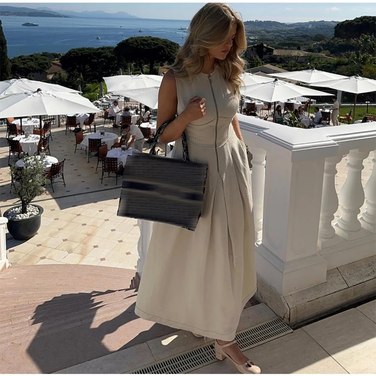 Summer Elegant Solid Sleeveless V-neck Zipper Maxi Dress