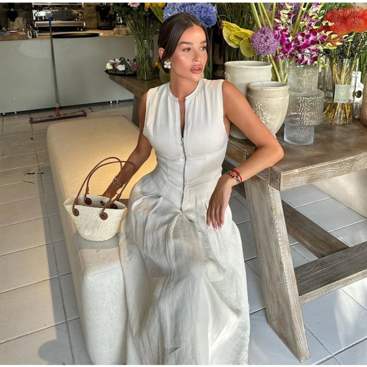 Summer Elegant Solid Sleeveless V-neck Zipper Maxi Dress