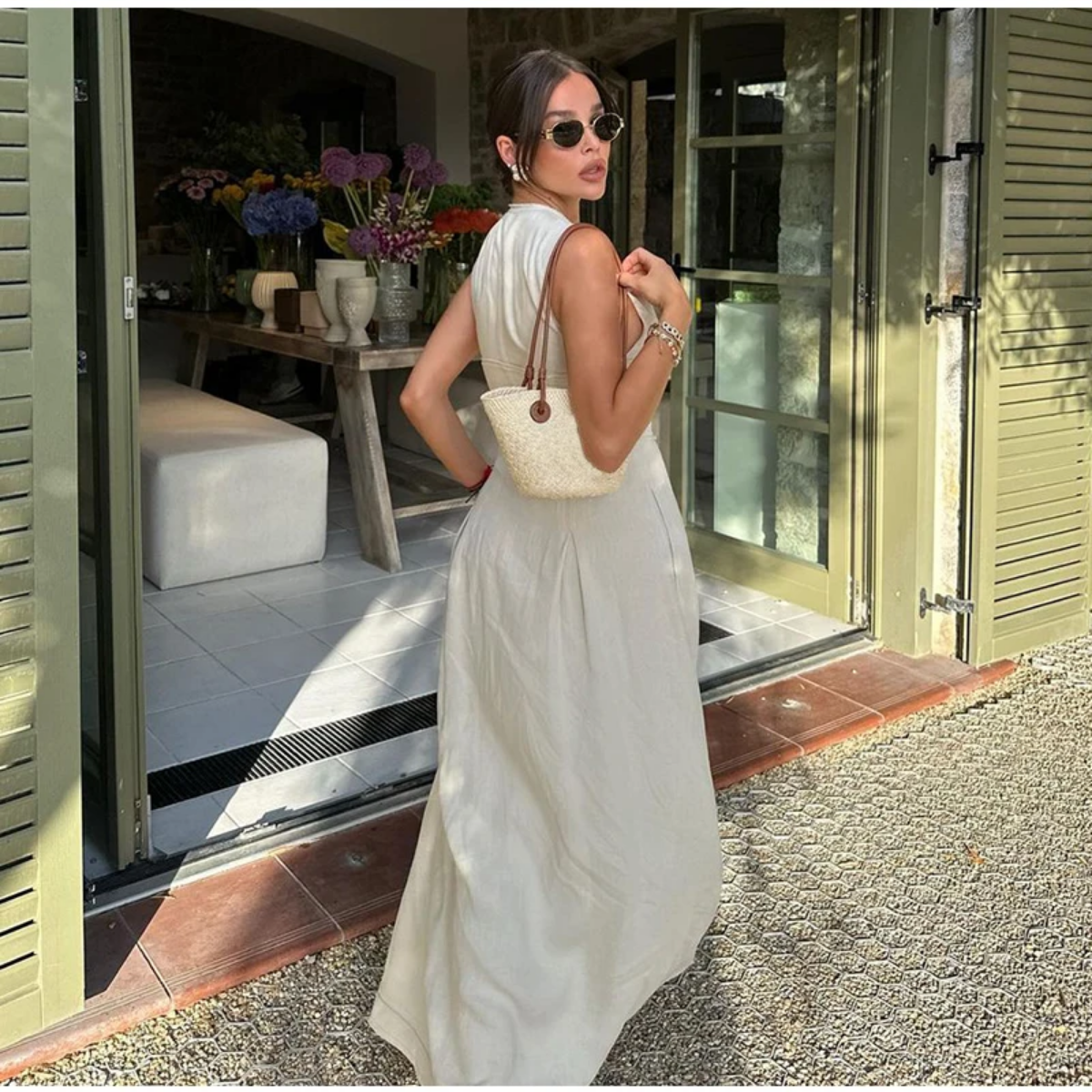 Summer Elegant Solid Sleeveless V-neck Zipper Maxi Dress