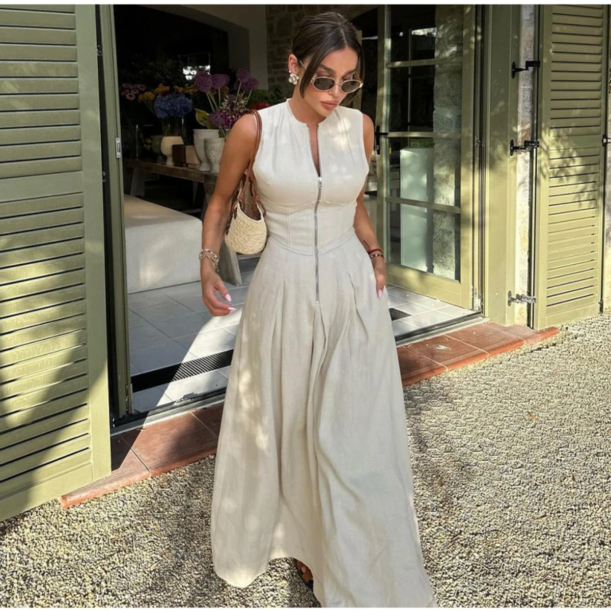 Summer Elegant Solid Sleeveless V-neck Zipper Maxi Dress