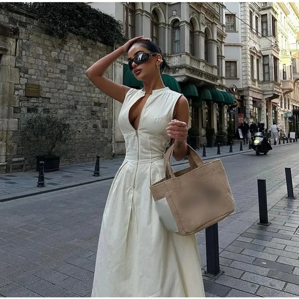 Summer Elegant Solid Sleeveless V-neck Zipper Maxi Dress
