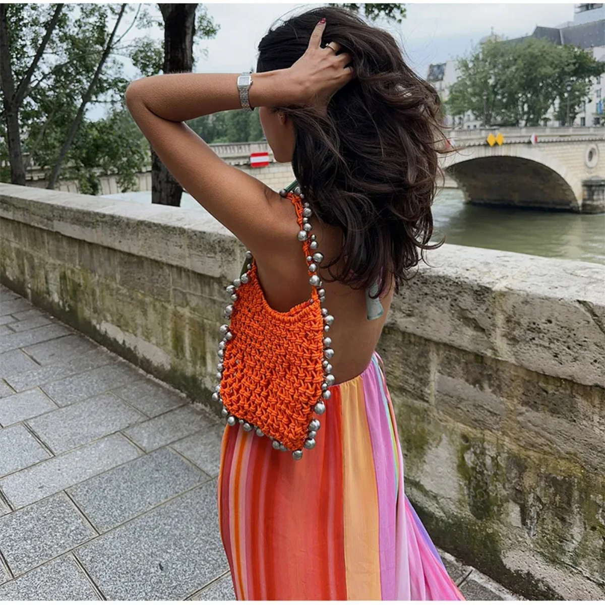Colorful Stripe V-neck Halter  Sleeveless  Backless High Wasit Maxi Dresses
