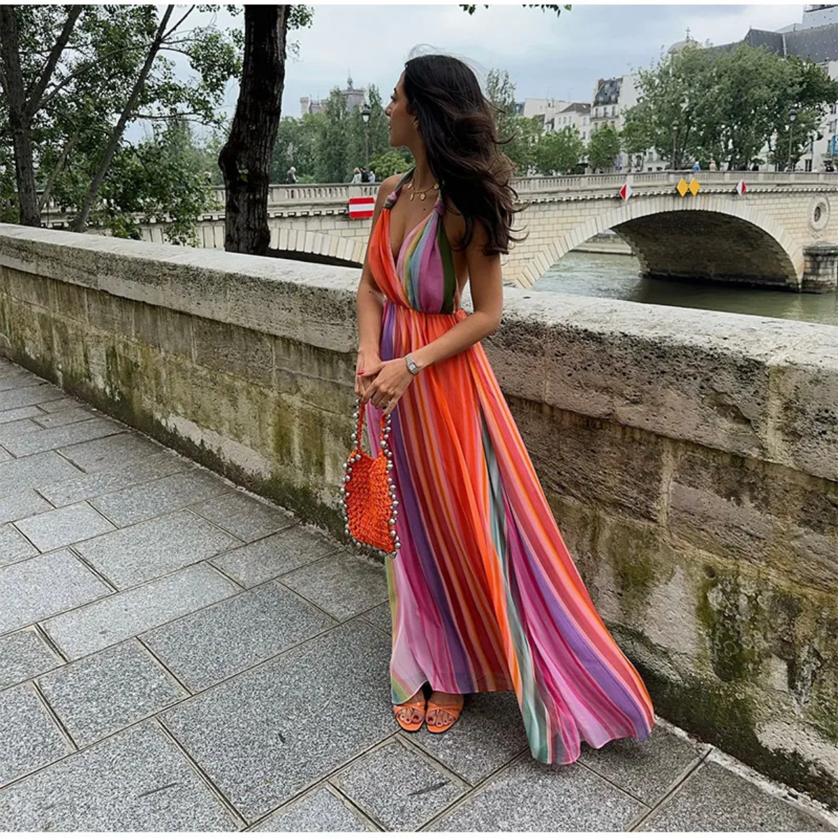 Colorful Stripe V-neck Halter  Sleeveless  Backless High Wasit Maxi Dresses
