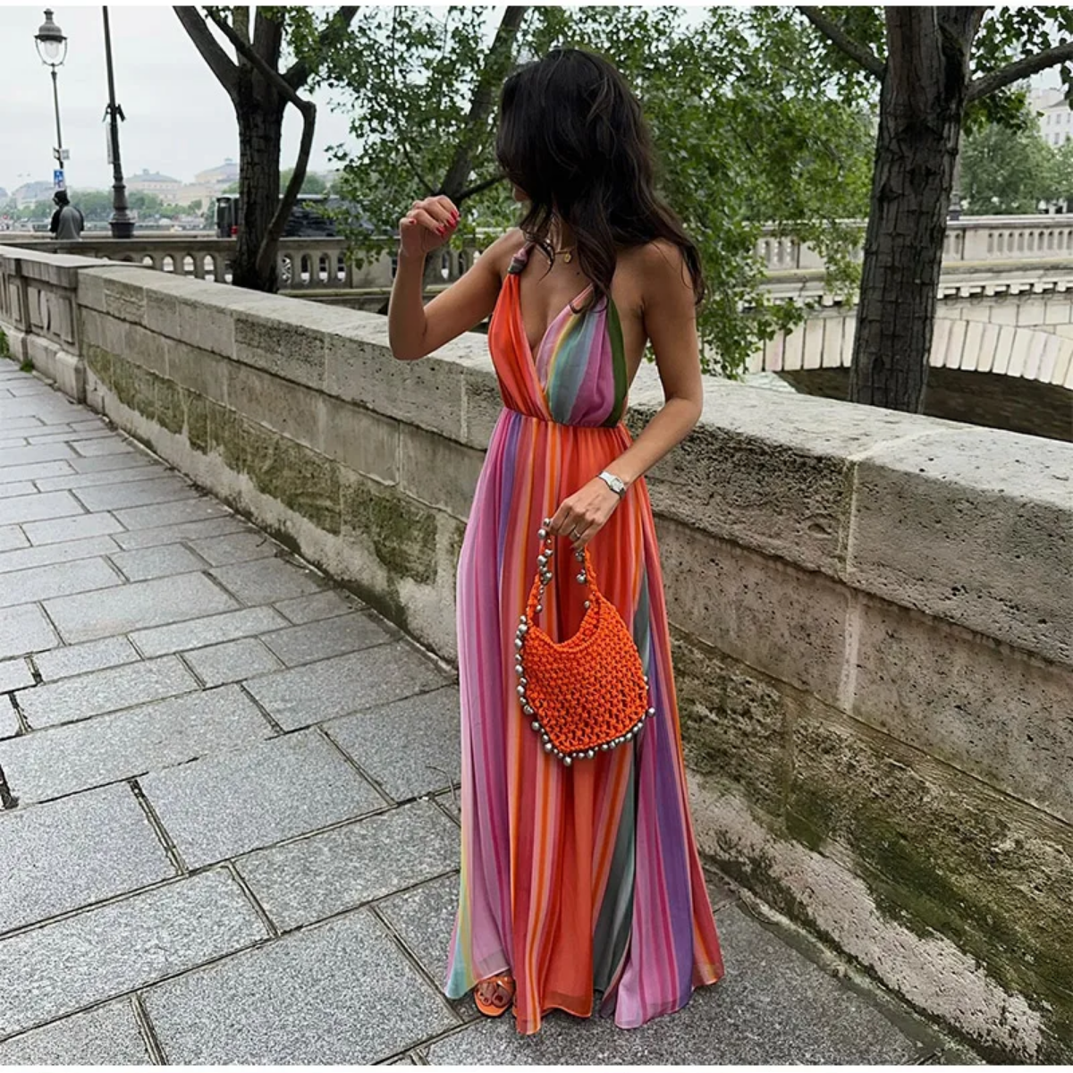 Colorful Stripe V-neck Halter  Sleeveless  Backless High Wasit Maxi Dresses