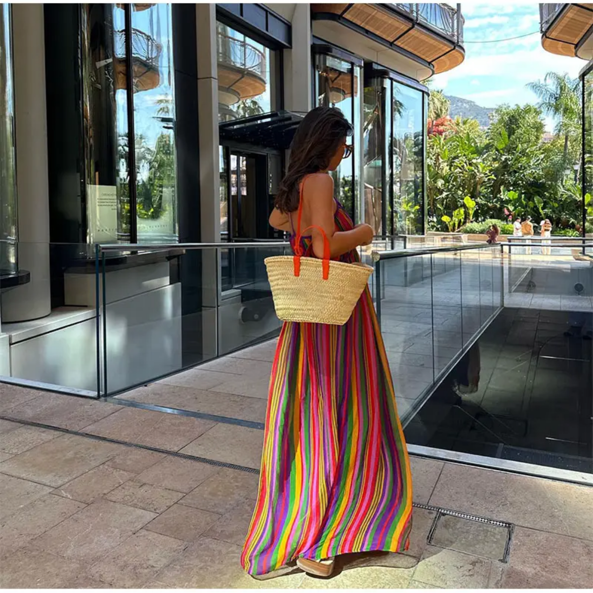 Colorful Stripe V-neck Halter  Sleeveless  Backless High Wasit Maxi Dresses