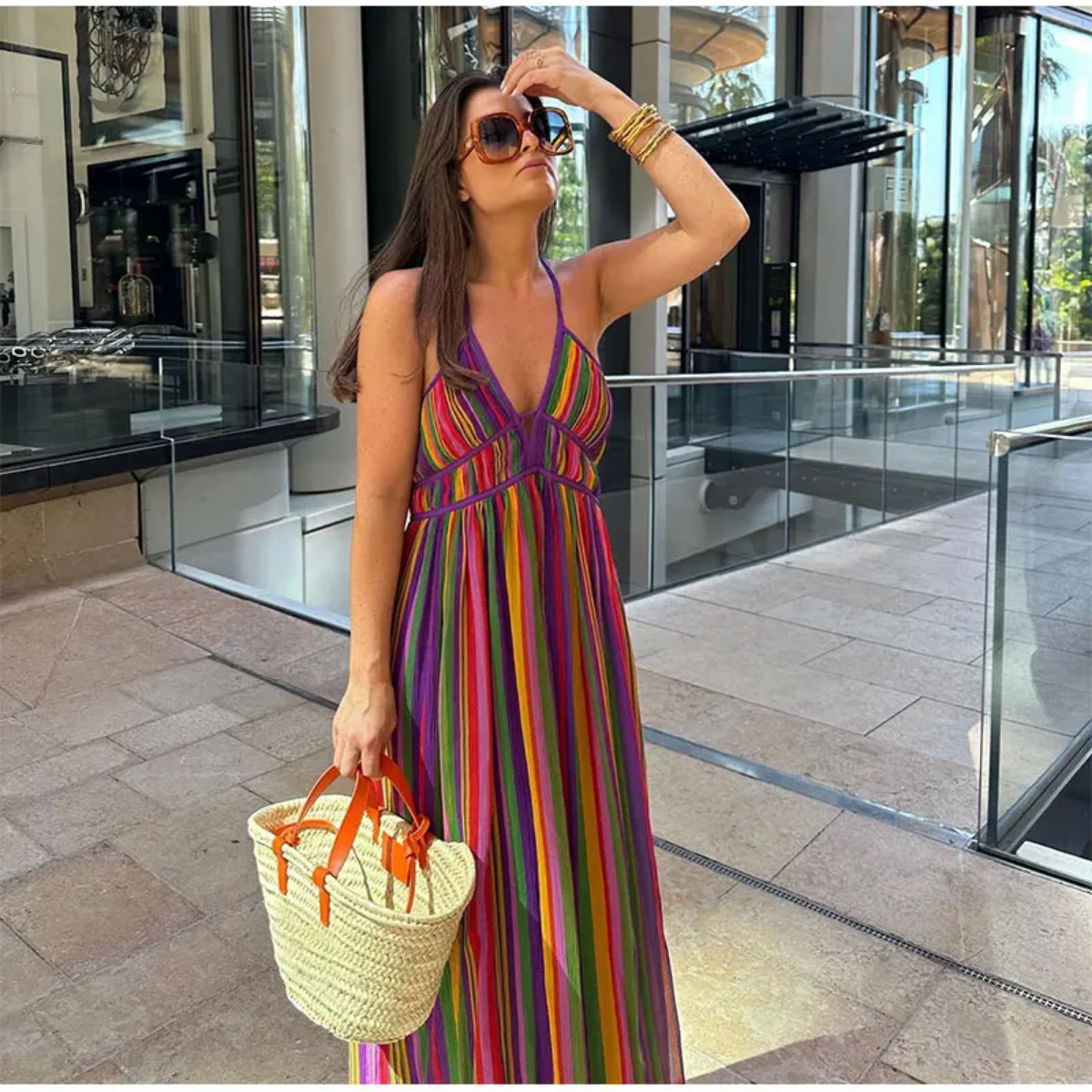 Colorful Stripe V-neck Halter  Sleeveless  Backless High Wasit Maxi Dresses