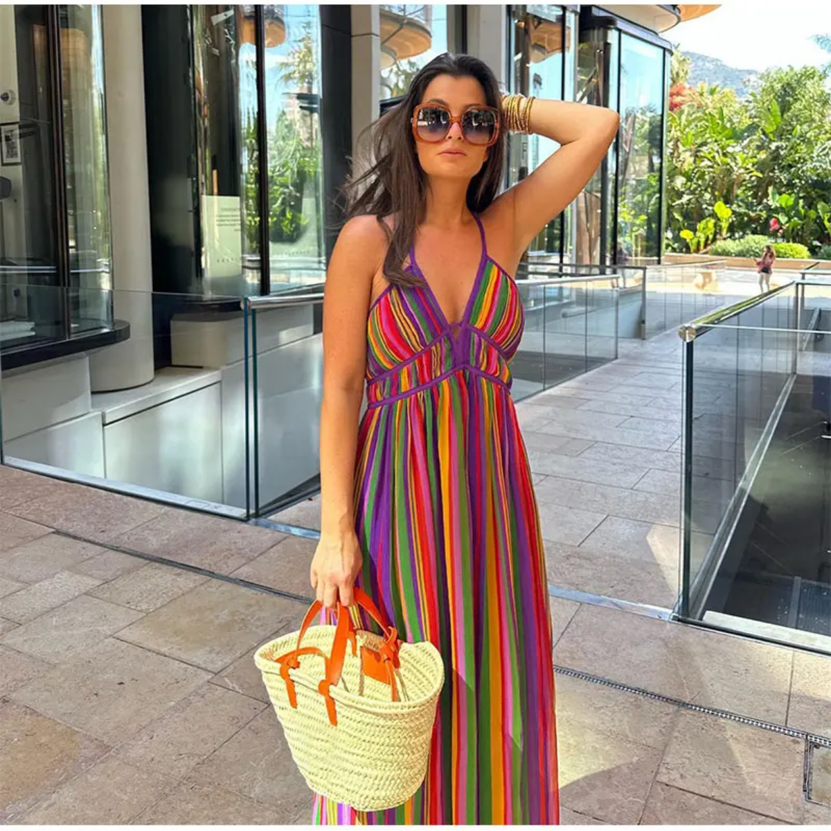 Colorful Stripe V-neck Halter  Sleeveless  Backless High Wasit Maxi Dresses