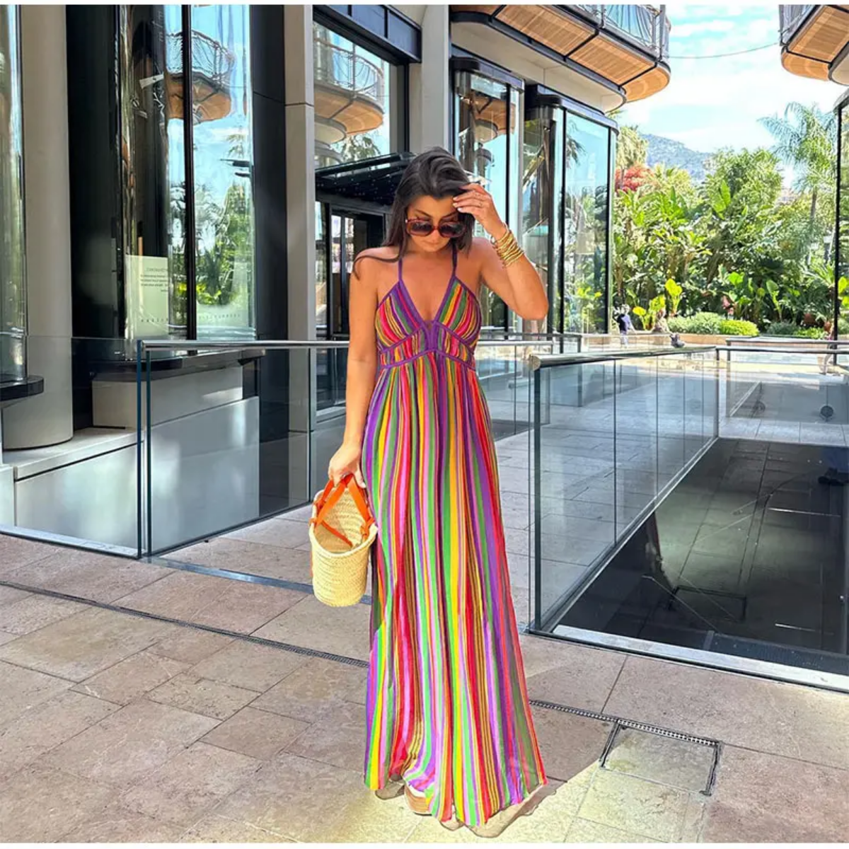 Colorful Stripe V-neck Halter  Sleeveless  Backless High Wasit Maxi Dresses